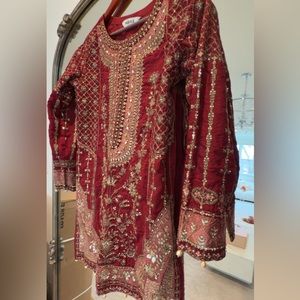 Maria B Maroon silk three piece suit Ghara